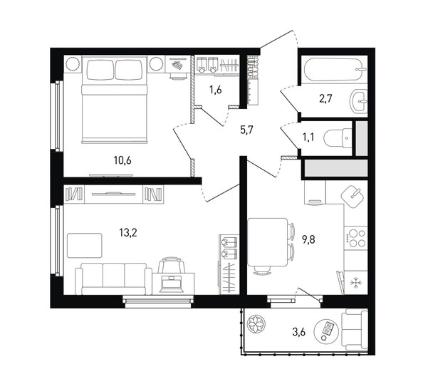 Планировка 2-комн 45,8, 45,9 м²