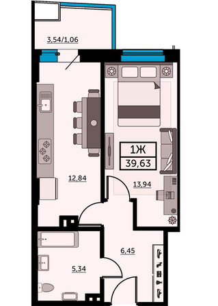 Планировка 1-комн 40, 40,2 м²