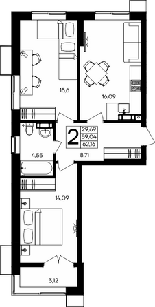 Планировка 2-комн 62,16 - 62,86 м²