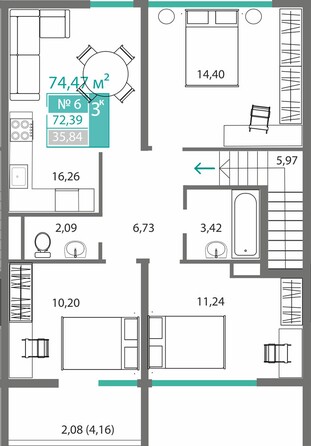 Планировка 3-комн 72,39 м²