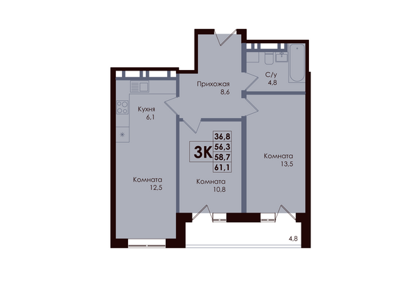 Планировка 3-комн 58,7 м²