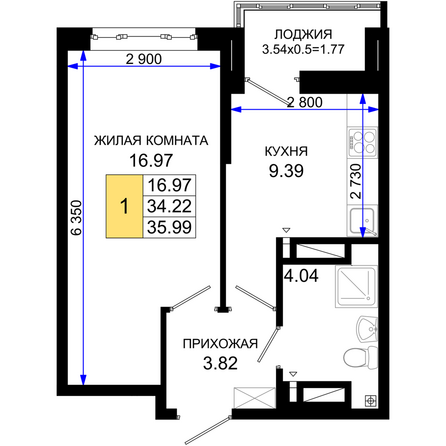 Планировка 1-комн 35,99 м²