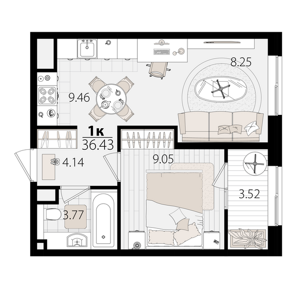 Планировка 1-комн 36,16 м²