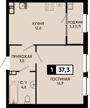 Планировка 1-комн 37,3, 37,7 м²