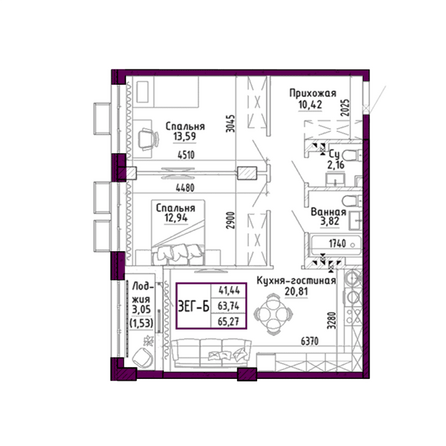 Планировка 3-комн 65,27 м²