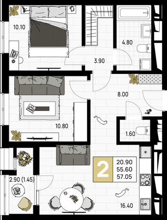 Планировка 2-комн 57,05 м²