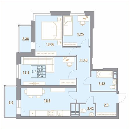 Планировка 3-комн 86,1 м²