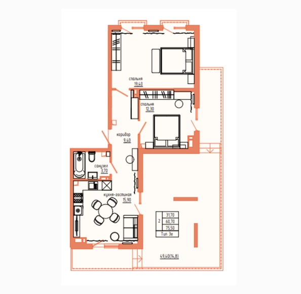 Планировка 3-комн 75,4 м²