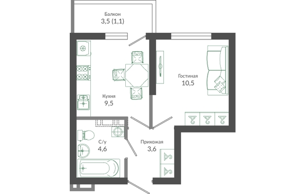 Планировка 1-комн 29,3 м²