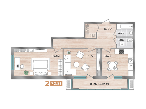 Планировка 2-комн 70,81 м²