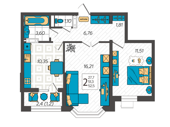 Планировка 2-комн 52,5 м²