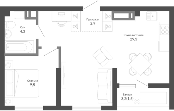 Планировка 1-комн 47,6 м²