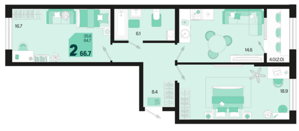 Планировка 2-комн 66,7 м²