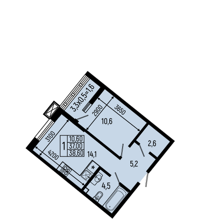 Планировка 1-комн 38,6 м²