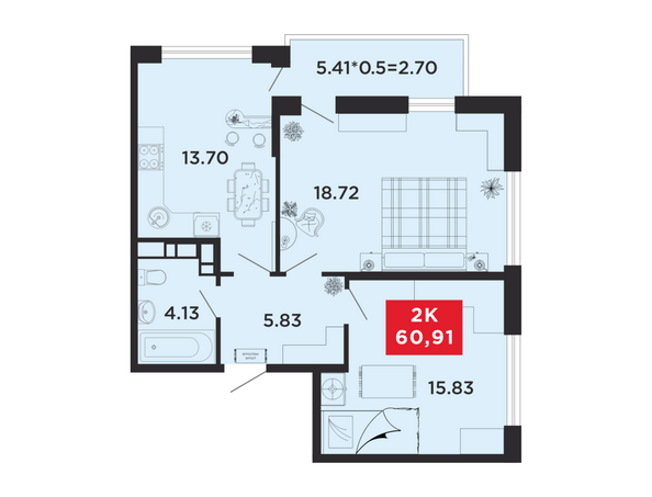 Планировка 2-комн 60,91 м²