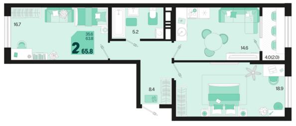 Планировка 2-комн 65,8 м²