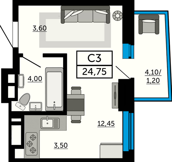 Планировка Студия 24,75 м²