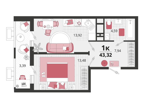 Планировка 1-комн 43,32 м²