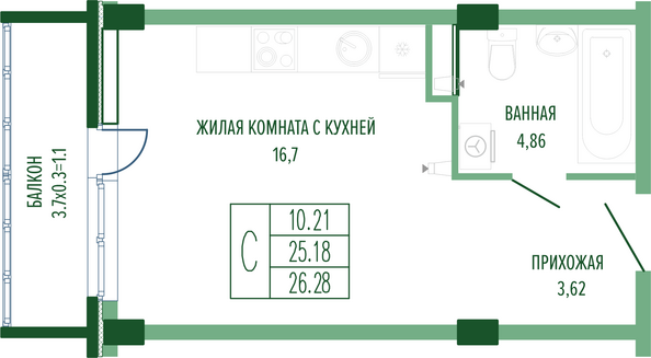 Планировка Студия 26,28 м²