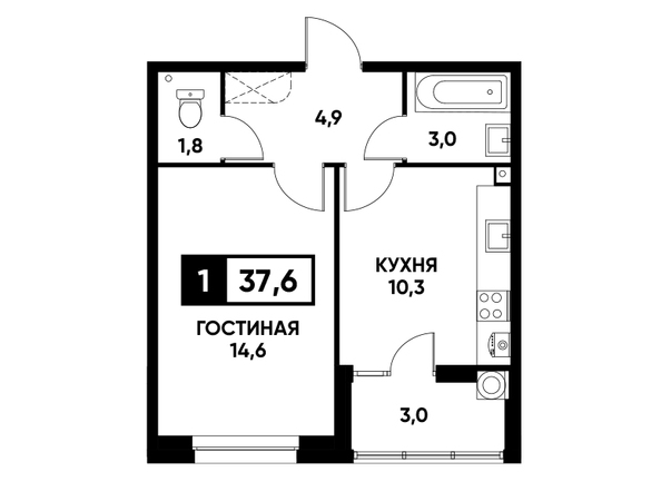 Планировка 1-комн 37,6 м²