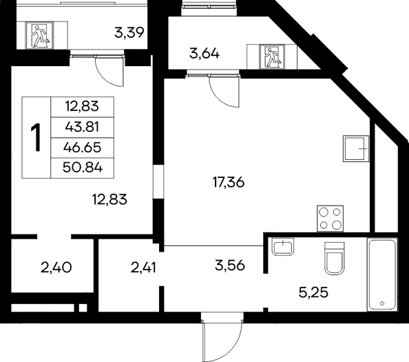 Планировка 1-комн 50,84 - 51,74 м²