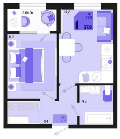 Планировка 1-комн 37,9 м²