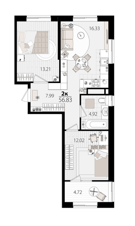 Планировка 2-комн 56,5 м²