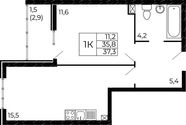 Планировка 1-комн 37,3 м²