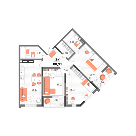 Планировка 3-комн 80,91 м²