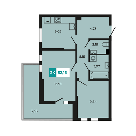 Планировка 2-комн 52,16 м²