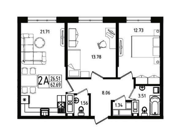 Планировка 2-комн 62,7 м²