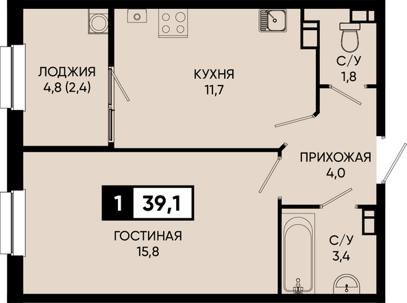 Планировка 1-комн 39,1 м²