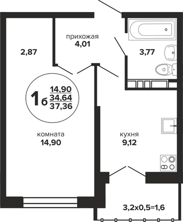 Планировка 1-комн 37,36 м²