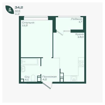 Планировка 1-комн 34,2 м²