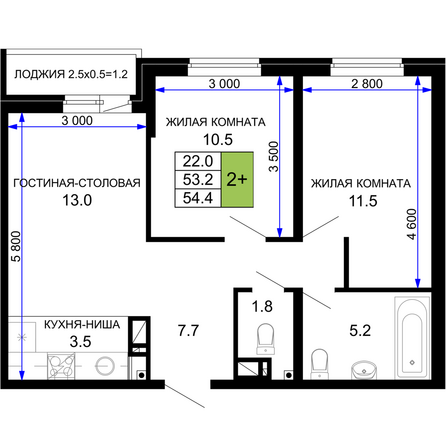 Планировка 2-комн 54,4 м²