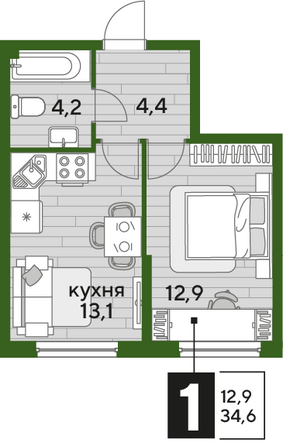 Планировка 1-комн 34,6 м²