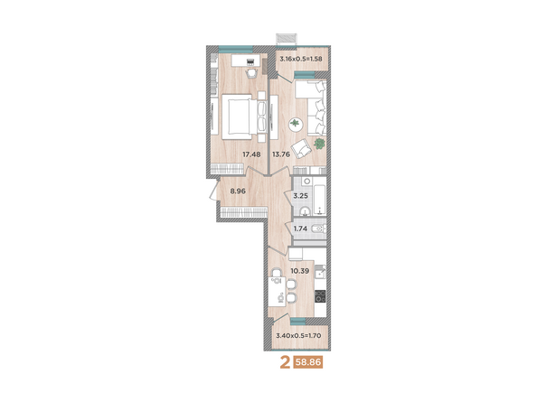 Планировка 2-комн 58,86 м²