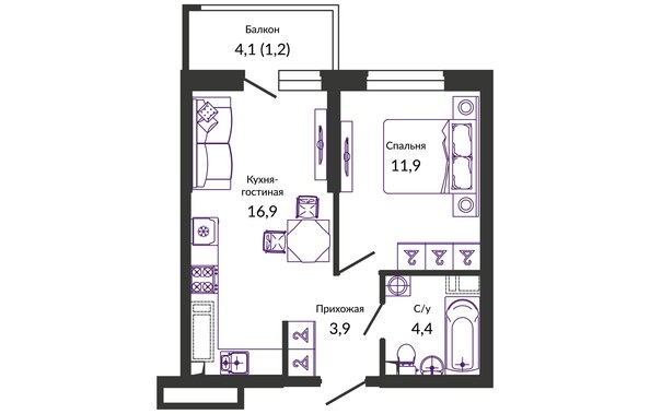 Планировка 1-комн 38,3 м²