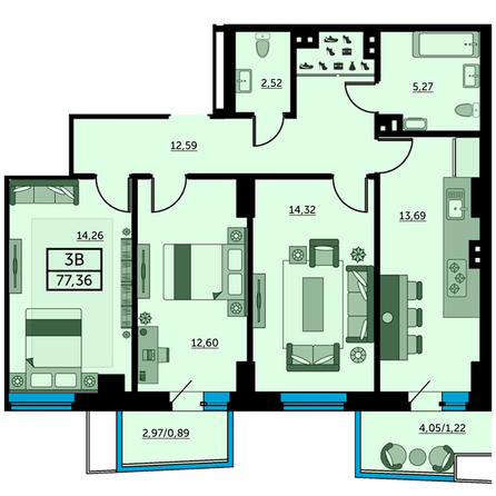 Планировка 3-комн 76,98 - 77,51 м²