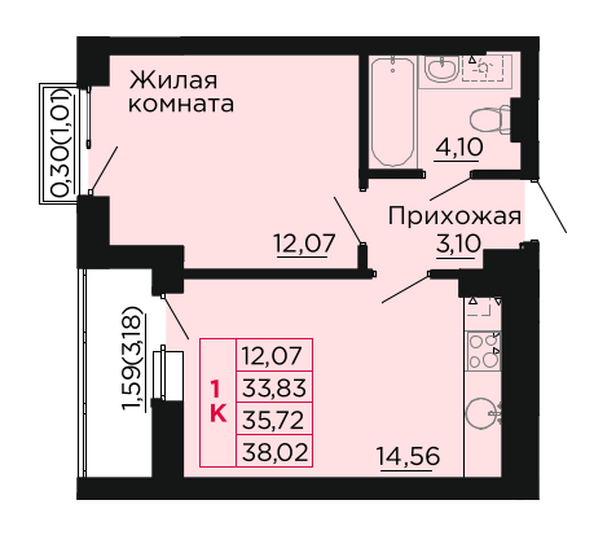 Планировка 1-комн 35,72 м²