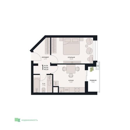 Планировка 1-комн 40,2 м²