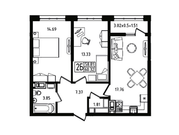 Планировка 2-комн 60,3 м²