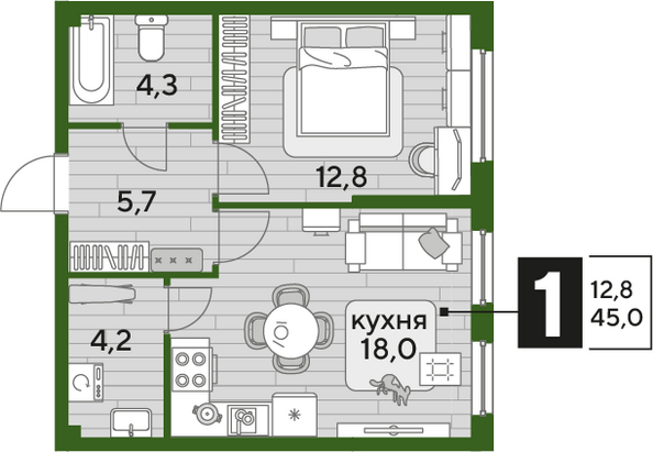 Планировка 1-комн 45 м²