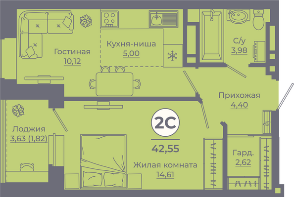 Планировка 2-комн 42,38 - 42,91 м²