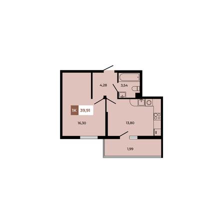 Планировка 1-комн 39,91 м²