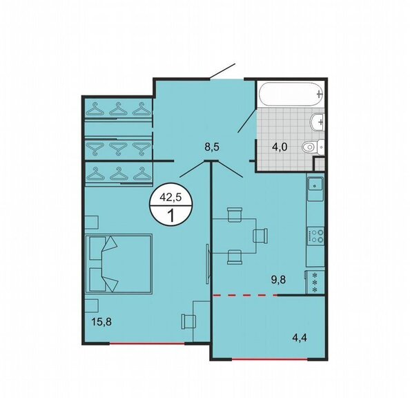 Планировка 1-комн 42,5 м²