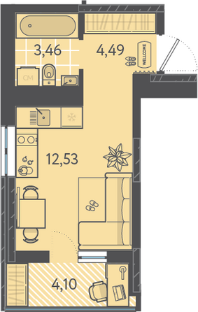 Планировка 1-комн 22,53 м²