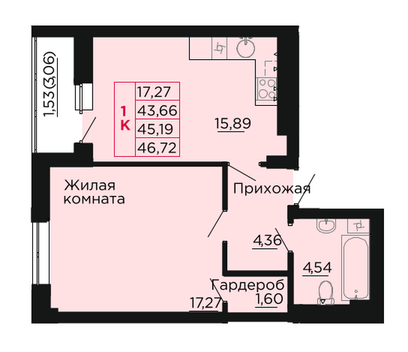 Планировка 1-комн 45,19 м²