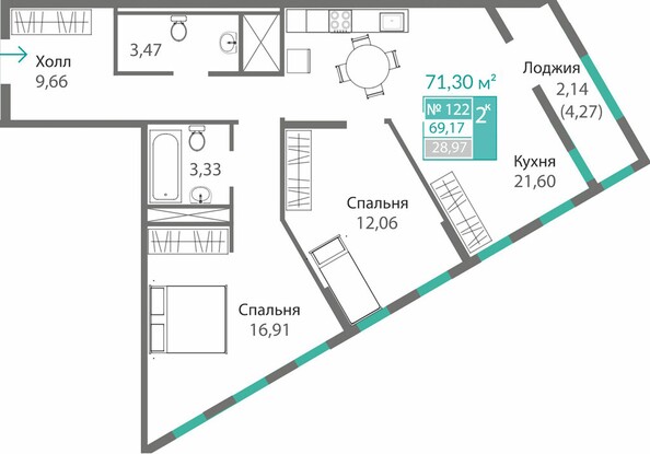 Планировка 2-комн 69,17 м²