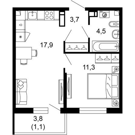 Планировка 1-комн 38,5 м²